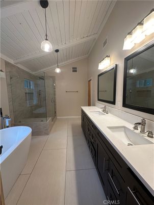 Bathroom, Dual Sink Vanities, Free Standing Baths, Glass Shower, Interior, Pendant Lights
