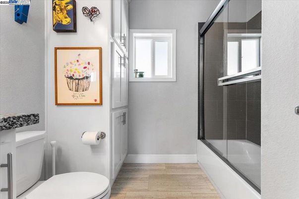 Bathroom, Glass Shower, Interior, Wood Texture Flooring