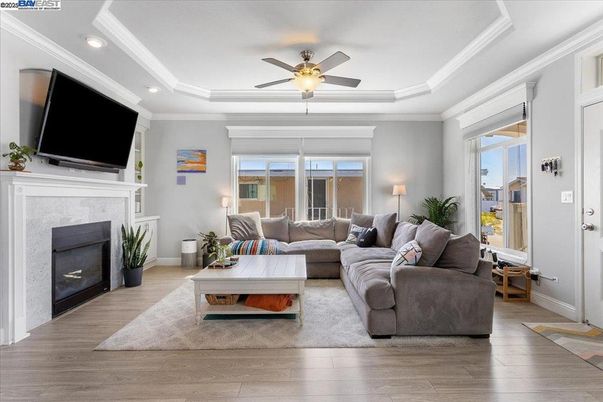 Fireplace, Interior, Living room, Recessed Lighting, Wood Texture Flooring