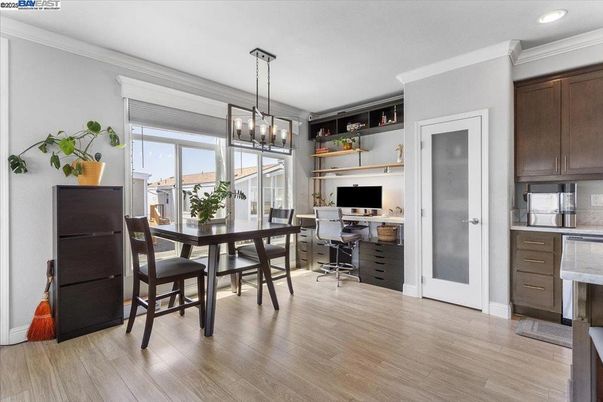 Chandelier, Home Office, Interior, Pendant Lights, Recessed Lighting, Wood Texture Flooring