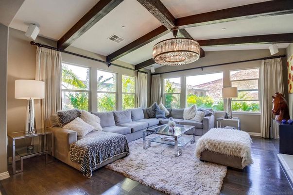 Chandelier, Interior, Living room, Recessed Lighting, Wooden Beams, Wood Texture Flooring