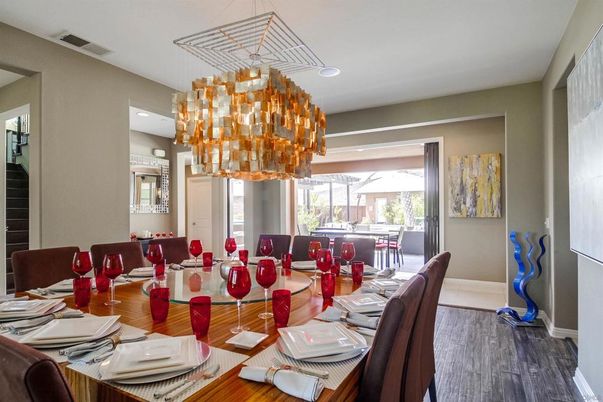 Chandelier, Dining room, Interior, Recessed Lighting, Wood Texture Flooring