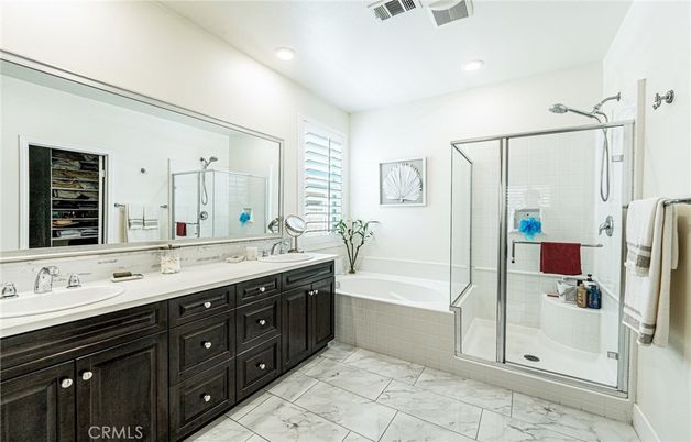 Bathroom, Dual Sink Vanities, Glass Shower, Interior, Marble, Recessed Lighting