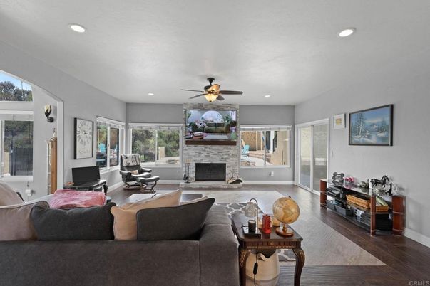 Fireplace, Interior, Living room, Recessed Lighting, Wood Texture Flooring