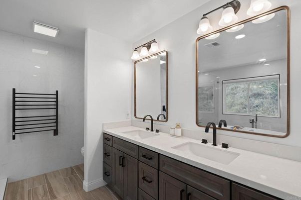 Bathroom, Dual Sink Vanities, Interior, Recessed Lighting, Wood Texture Flooring