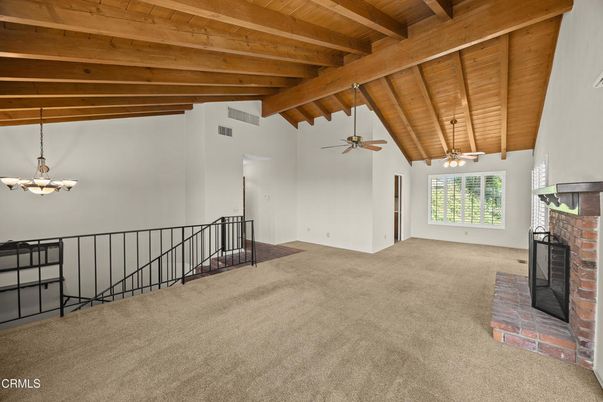 Empty room, Fireplace, Interior, Pendant Lights, Wooden Beams, Wooden Ceilings