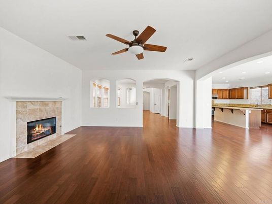 Empty room, Fireplace, Interior, Kitchen, Recessed Lighting, Wood Texture Flooring