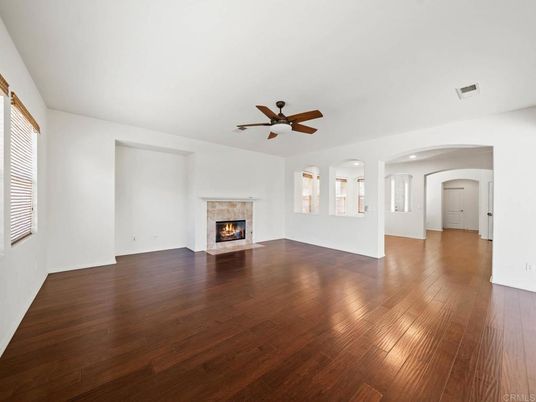 Empty room, Fireplace, Interior, Recessed Lighting, Wood Texture Flooring