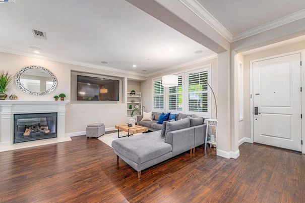 Fireplace, Interior, Living room, Recessed Lighting, Wood Texture Flooring