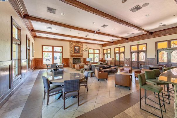 Dining room, Fireplace, Interior, Living room, Recessed Lighting, Wooden Beams
