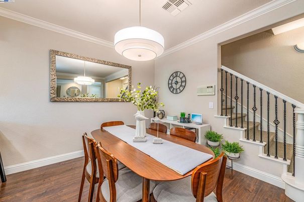 Dining room, Interior, Pendant Lights, Wood Texture Flooring