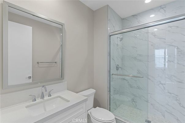 Bathroom, Glass Shower, Interior, Marble Walls, Recessed Lighting