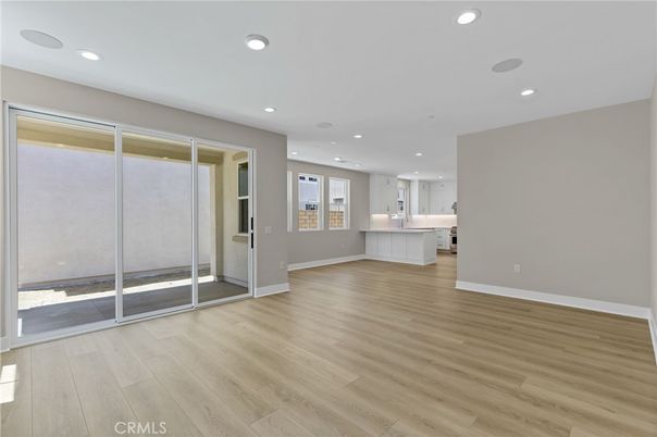 Empty room, Interior, Kitchen, Recessed Lighting, Wood Texture Flooring