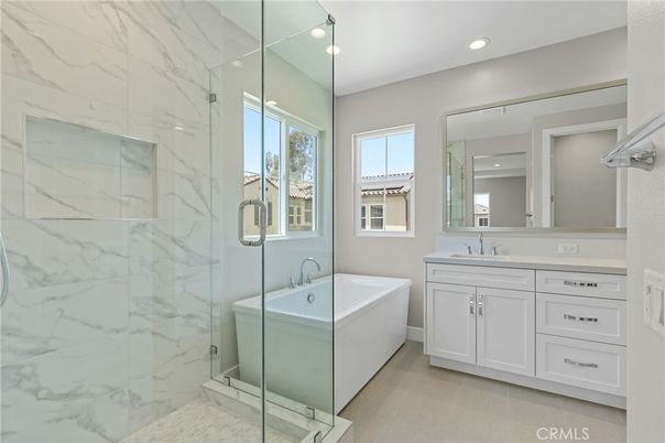 Bathroom, Free Standing Baths, Glass Shower, Interior, Marble Walls, Recessed Lighting