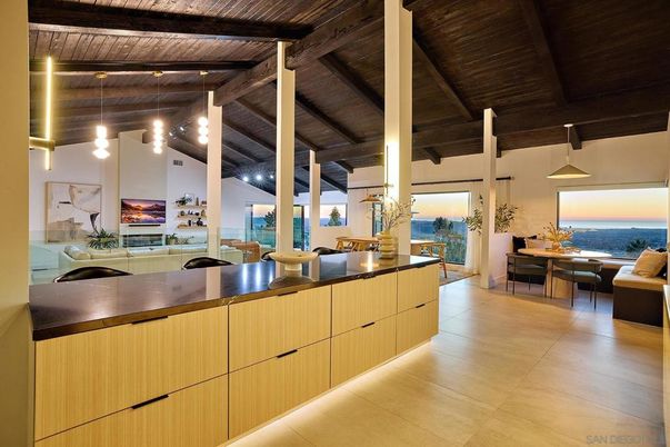 Dining room, Interior, Pendant Lights, Water, Wooden Beams, Wooden Ceilings