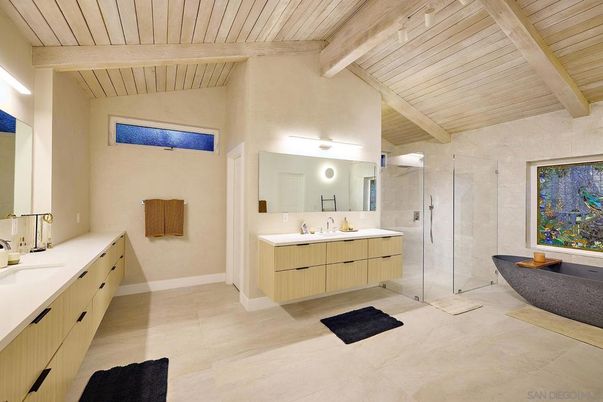 Bathroom, Dual Sink Vanities, Glass Shower, Interior, Wooden Beams, Wooden Ceilings