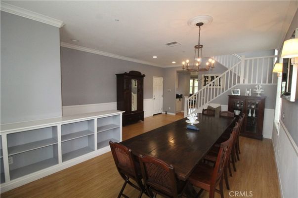 Chandelier, Dining room, Interior, Recessed Lighting, Wood Texture Flooring