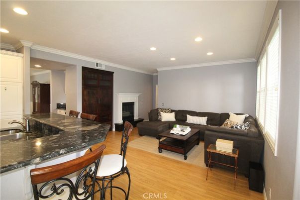 Fireplace, Interior, Living room, Recessed Lighting, Wood Texture Flooring