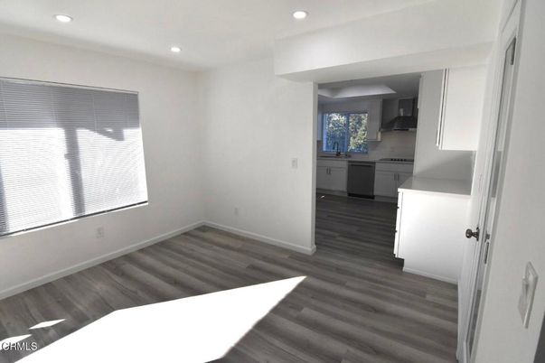 Empty room, Interior, Kitchen, Recessed Lighting, Wood Texture Flooring