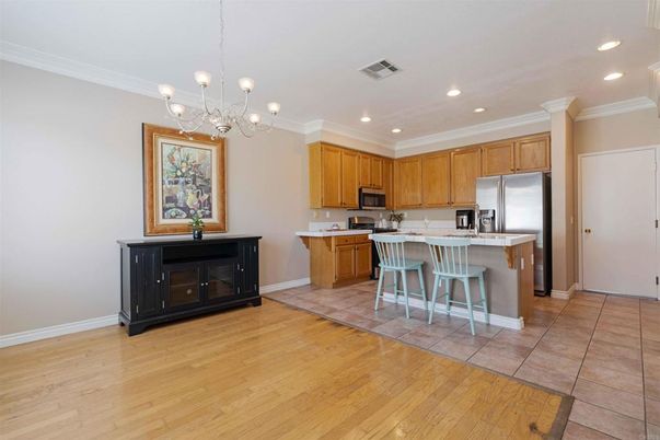 Chandelier, Interior, Kitchen, Recessed Lighting, Wood Texture Flooring