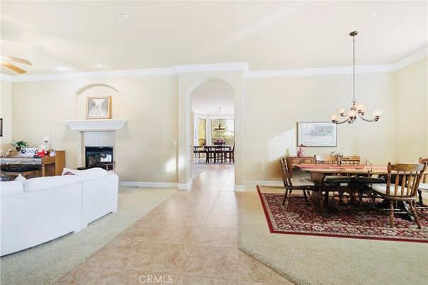 Chandelier, Dining room, Fireplace, Interior, Living room, Recessed Lighting