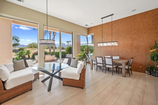 Dining room, Interior, Pendant Lights, Wood Texture Flooring