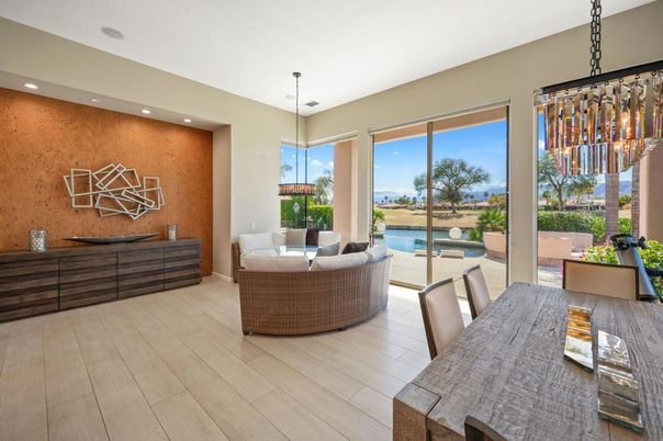 Dining room, Interior, Pendant Lights, Recessed Lighting, Water, Wood Texture Flooring
