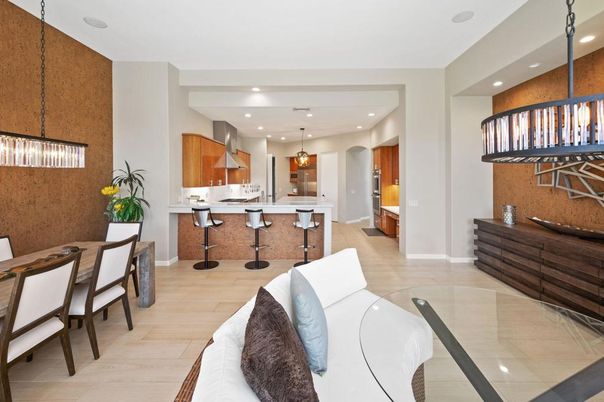 Dining room, Interior, Kitchen, Pendant Lights, Recessed Lighting, Wood Texture Flooring