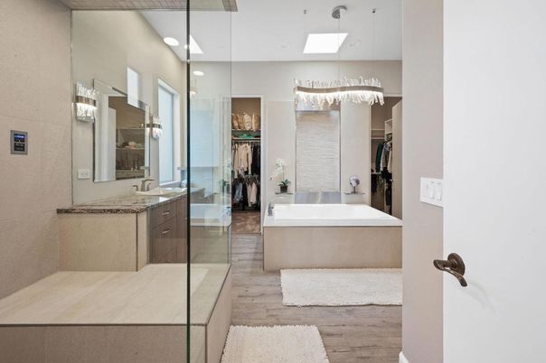Bathroom, Chandelier, Dual Sink Vanities, Glass Shower, Interior, Recessed Lighting, Wood Texture Flooring