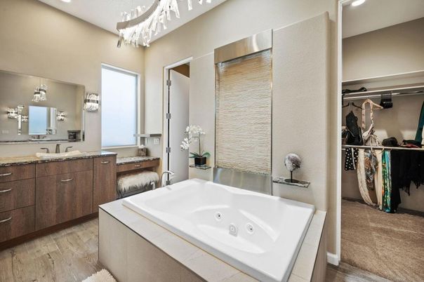 Bathroom, Dual Sink Vanities, Interior, Recessed Lighting, Wood Texture Flooring