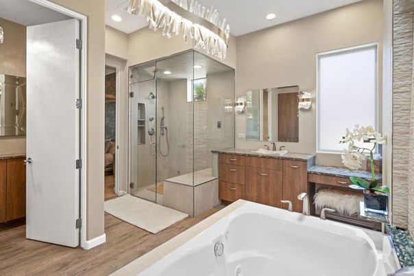 Bathroom, Dual Sink Vanities, Glass Shower, Interior, Recessed Lighting, Wood Texture Flooring