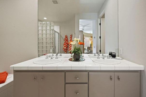 Bathroom, Dual Sink Vanities, Interior, Recessed Lighting, Tile Countertops