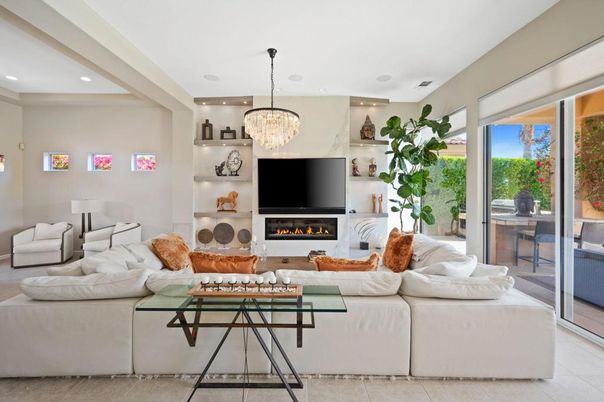 Chandelier, Fireplace, Interior, Living room, Recessed Lighting