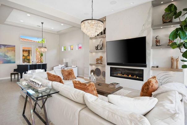 Chandelier, Fireplace, Interior, Living room, Piano, Recessed Lighting