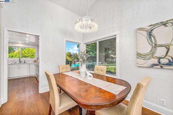 Chandelier, Dining room, Interior, Wood Texture Flooring