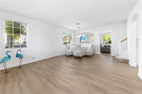 Dining room, Interior, Pendant Lights, Recessed Lighting, Wood Texture Flooring