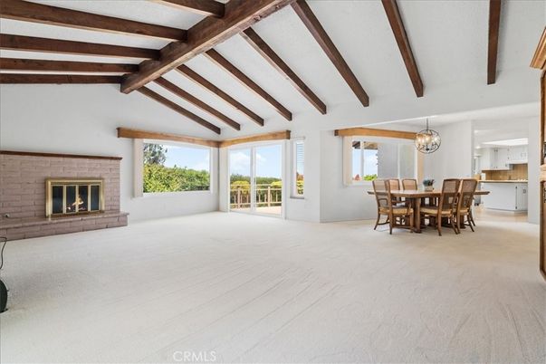 Chandelier, Dining room, Fireplace, Interior, Stone Walls, Wooden Beams