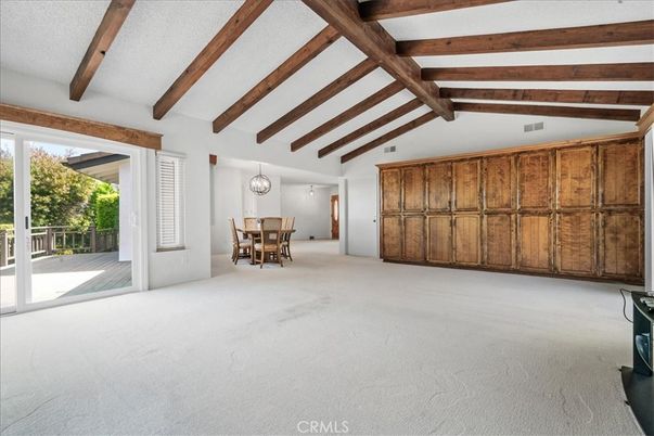 Dining room, Empty room, Interior, Pendant Lights, Wooden Beams