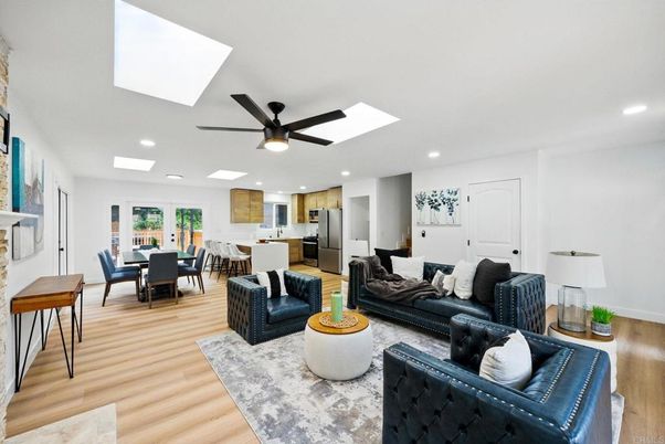 Dining room, Interior, Kitchen, Living room, Recessed Lighting, Stainless Steel Appliances, Wood Texture Flooring