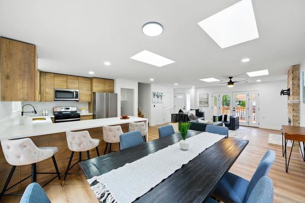 Dining room, Interior, Kitchen, Living room, Recessed Lighting, Stainless Steel Appliances, Wood Texture Flooring