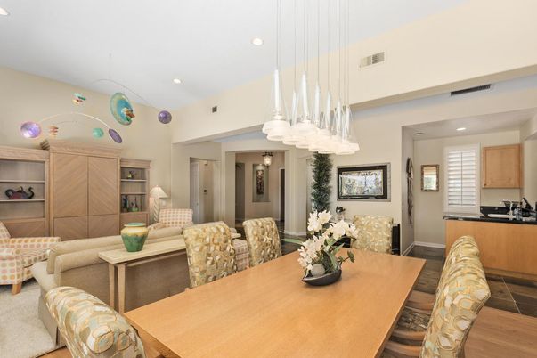 Dining room, Interior, Living room, Pendant Lights, Recessed Lighting, Wood Texture Flooring