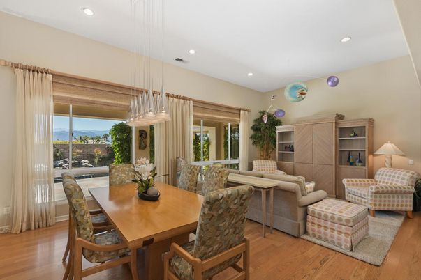 Dining room, Interior, Living room, Pendant Lights, Recessed Lighting, Wood Texture Flooring