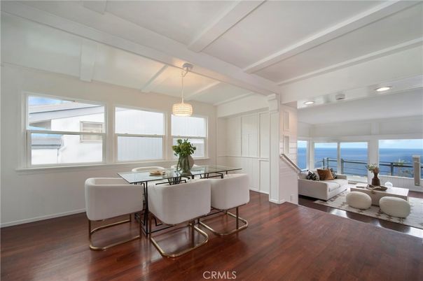 Dining room, Interior, Living room, Recessed Lighting, Water, Wood Texture Flooring
