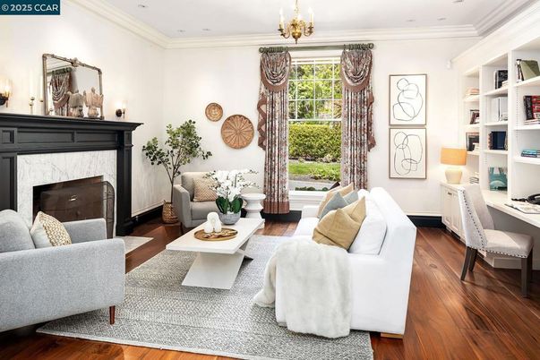 Fireplace, Home Office, Interior, Living room, Recessed Lighting, Wood Texture Flooring