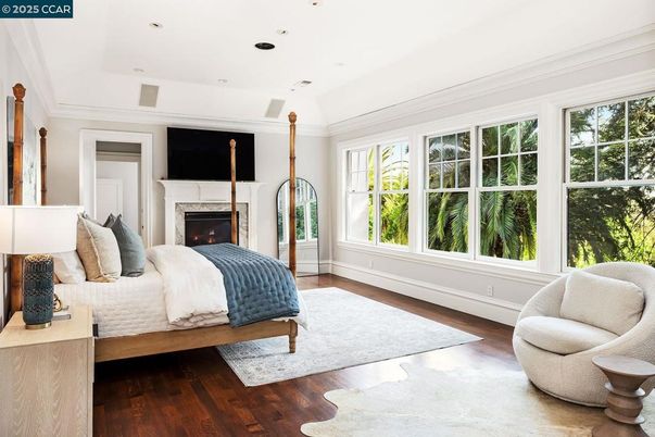 Bedroom, Fireplace, Interior, Recessed Lighting, Wood Texture Flooring