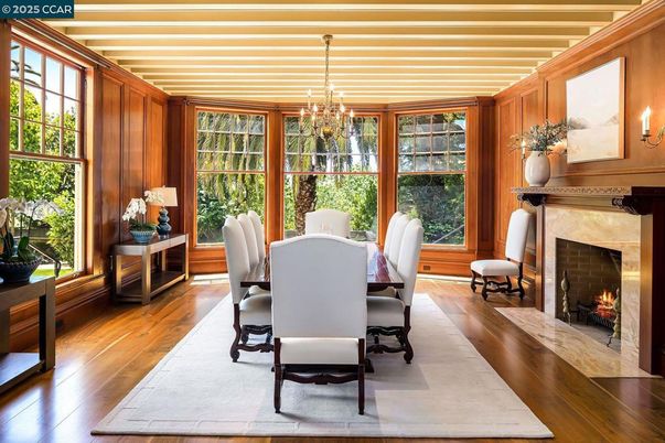 Chandelier, Dining room, Fireplace, Interior, Wood Texture Flooring, Wooden Walls