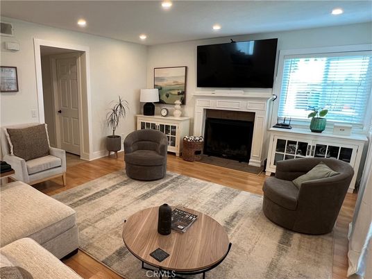 Fireplace, Interior, Living room, Recessed Lighting, Wood Texture Flooring