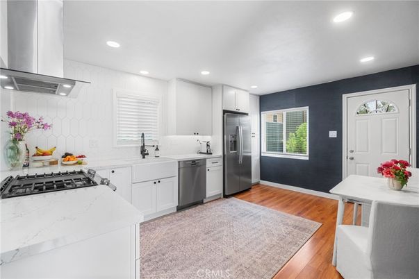 Interior, Kitchen, Recessed Lighting, Stainless Steel Appliances, Wood Texture Flooring