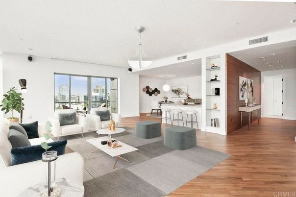 Dining room, Interior, Living room, Pendant Lights, Recessed Lighting, Wood Texture Flooring
