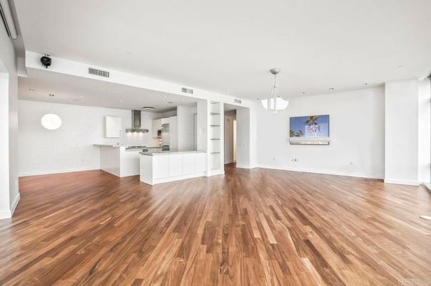 Empty room, Interior, Kitchen, Pendant Lights, Recessed Lighting, Wood Texture Flooring